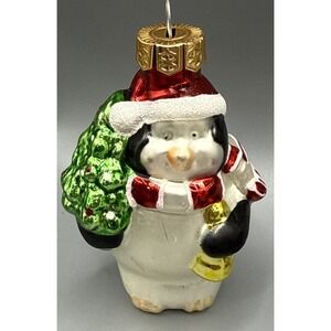 Blown Glass Penguin With Tree Small Glitter Christmas Ornament 4"